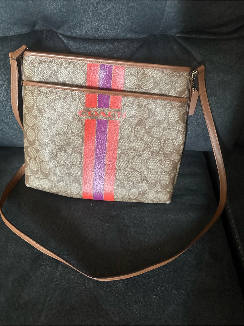 COACH F38402 Signature Varsity Stripe Crossbody Bag Brown Orange Purple PVC